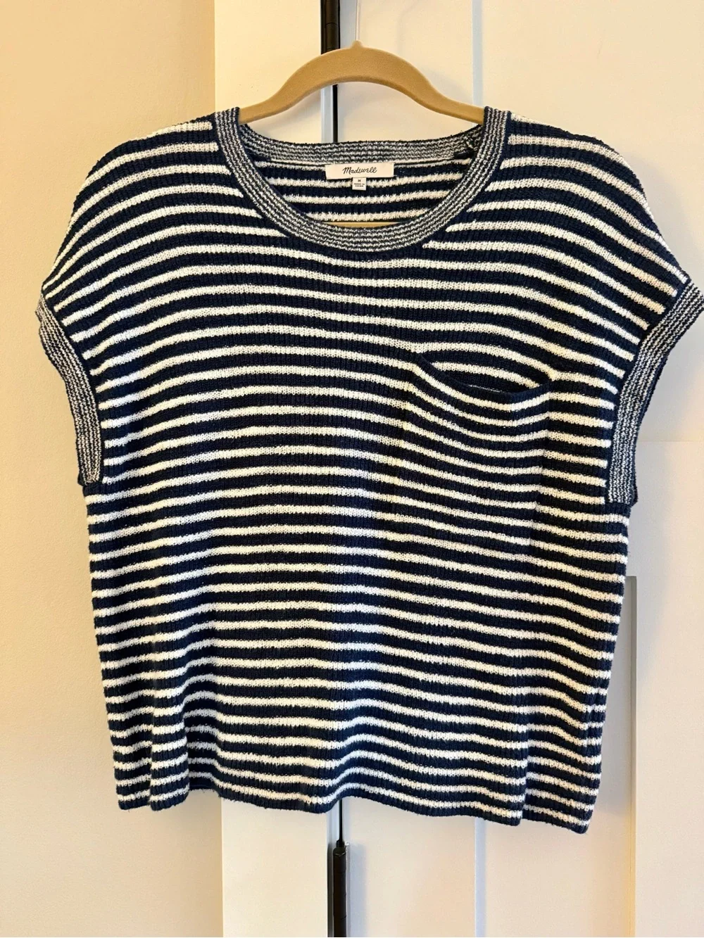 Madewell Cotton Blue/White Stripe Crew Neck Semi Crop Sleeveless Sweater M